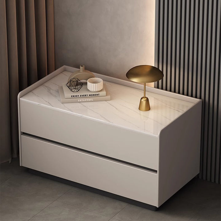 Modern Minimalist Slab Solid Wood &amp; Microfiber Leather Rectangular Nightstand With 2 Drawers For Bedroom