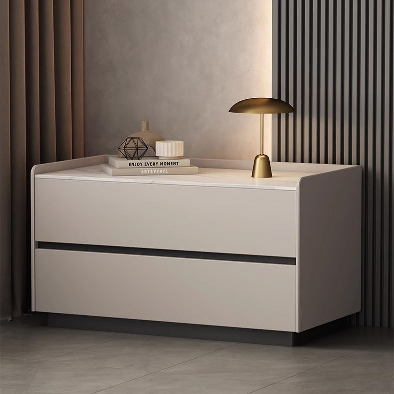 Modern Minimalist Slab Solid Wood &amp; Microfiber Leather Rectangular Nightstand With 2 Drawers For Bedroom