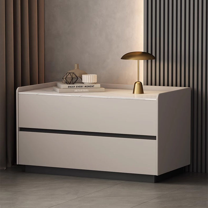 Modern Minimalist Slab Solid Wood &amp; Microfiber Leather Rectangular Nightstand With 2 Drawers For Bedroom