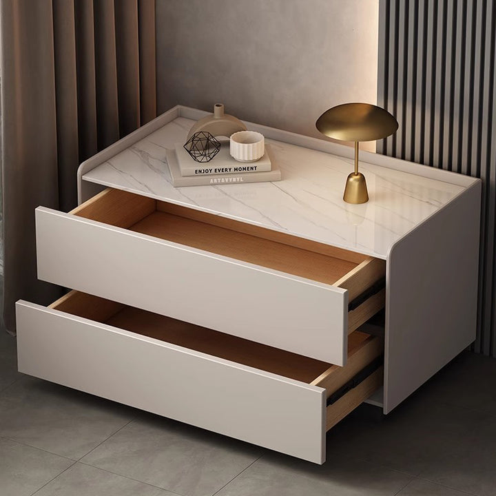 Modern Minimalist Slab Solid Wood &amp; Microfiber Leather Rectangular Nightstand With 2 Drawers For Bedroom