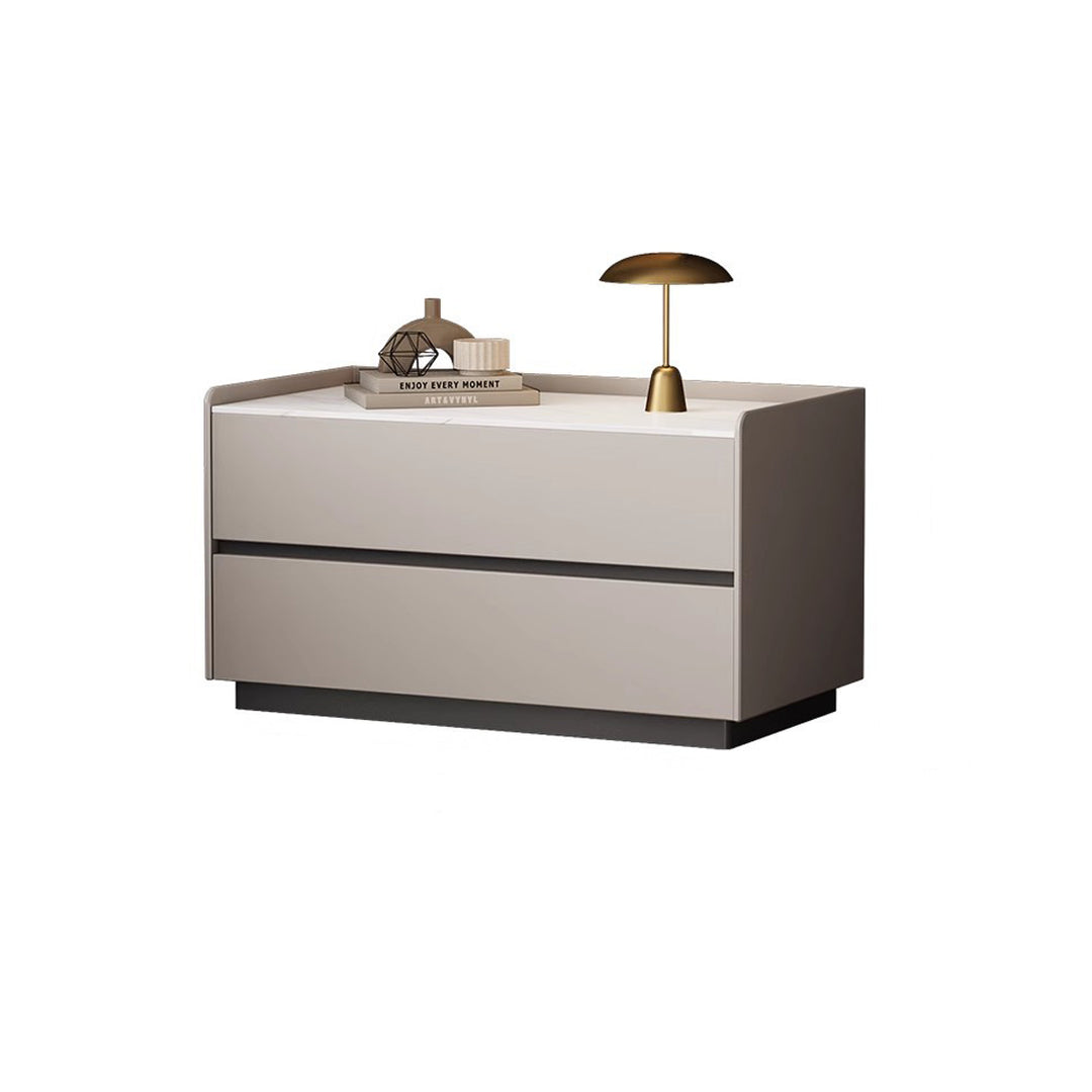 Modern Minimalist Slab Solid Wood &amp; Microfiber Leather Rectangular Nightstand With 2 Drawers For Bedroom