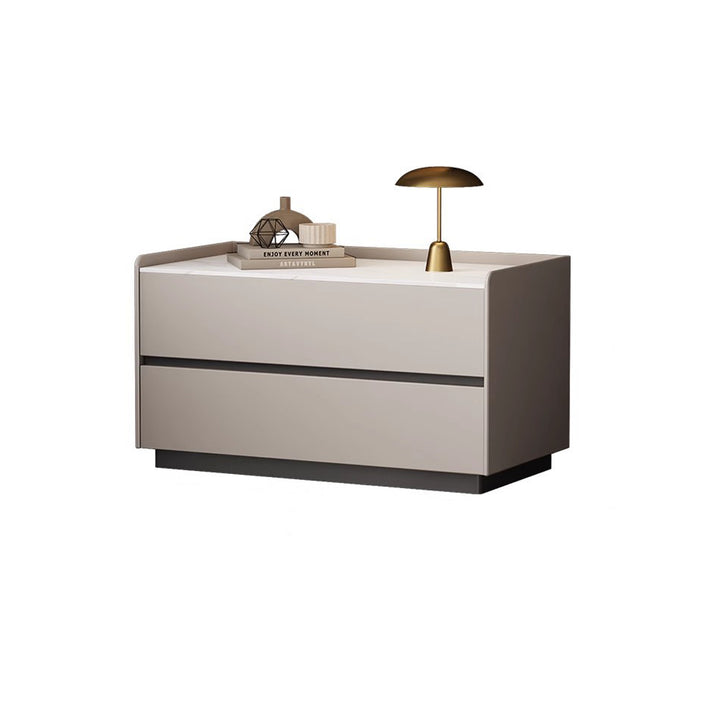 Modern Minimalist Slab Solid Wood &amp; Microfiber Leather Rectangular Nightstand With 2 Drawers For Bedroom