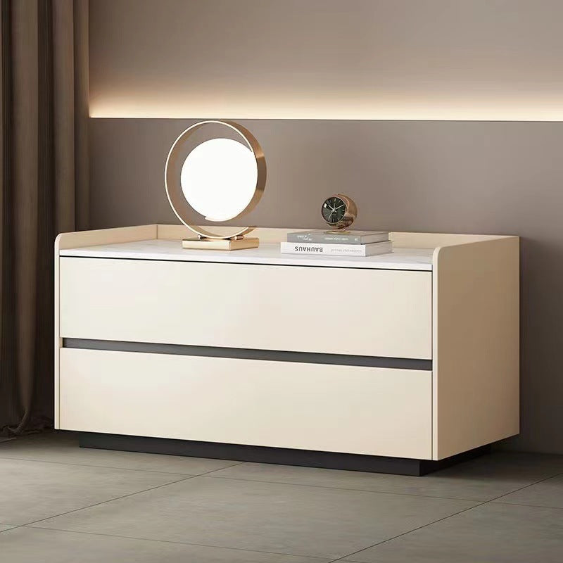 Modern Minimalist Slab Solid Wood &amp; Microfiber Leather Rectangular Nightstand With 2 Drawers For Bedroom