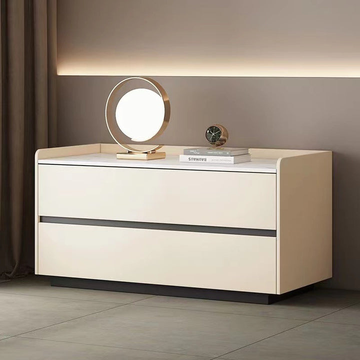 Modern Minimalist Slab Solid Wood &amp; Microfiber Leather Rectangular Nightstand With 2 Drawers For Bedroom