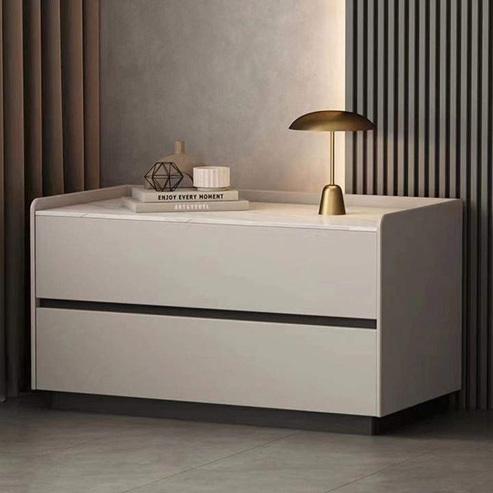 Modern Minimalist Slab Solid Wood &amp; Microfiber Leather Rectangular Nightstand With 2 Drawers For Bedroom