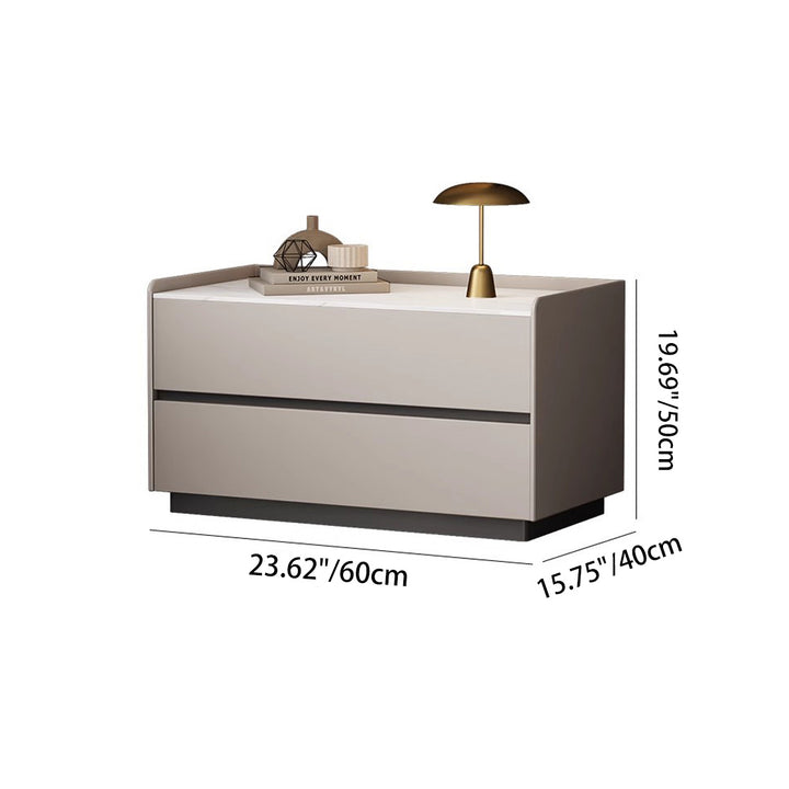 Modern Minimalist Slab Solid Wood &amp; Microfiber Leather Rectangular Nightstand With 2 Drawers For Bedroom