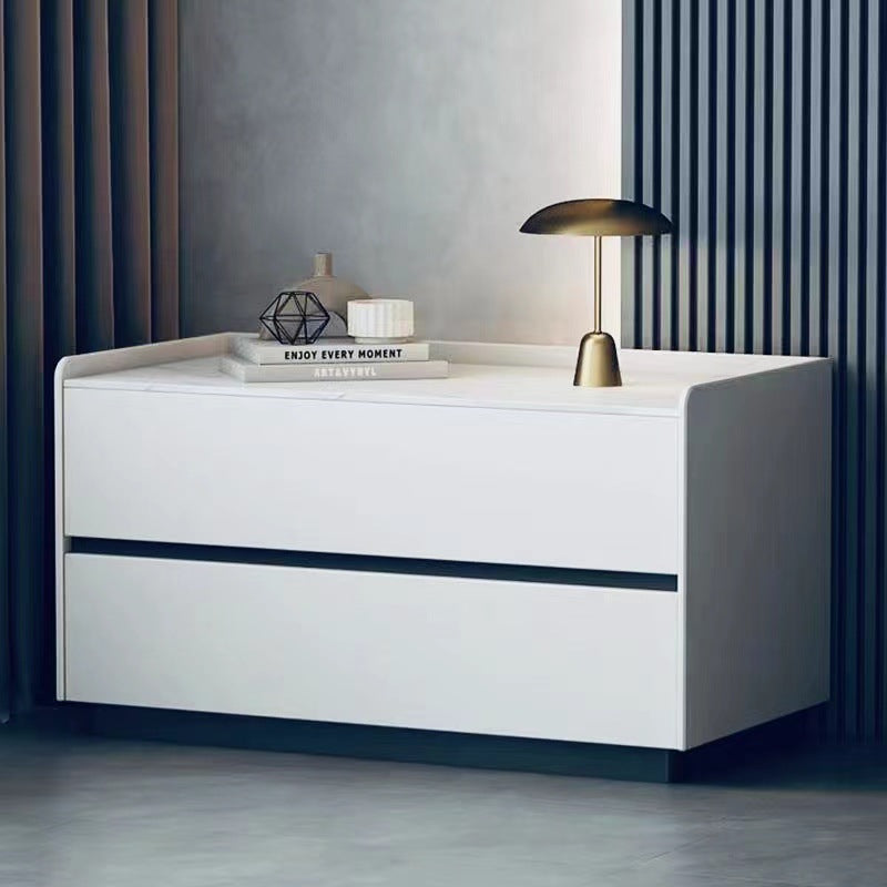 Modern Minimalist Slab Solid Wood &amp; Microfiber Leather Rectangular Nightstand With 2 Drawers For Bedroom
