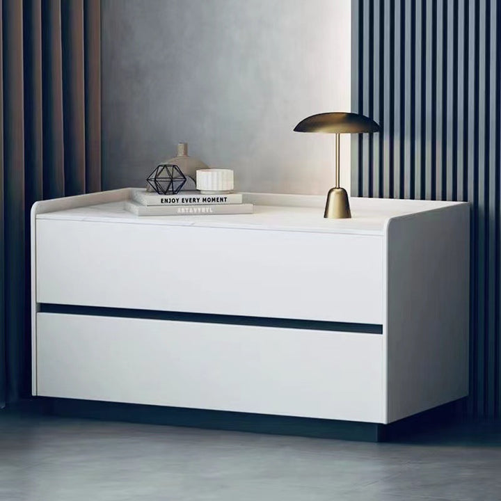 Modern Minimalist Slab Solid Wood &amp; Microfiber Leather Rectangular Nightstand With 2 Drawers For Bedroom