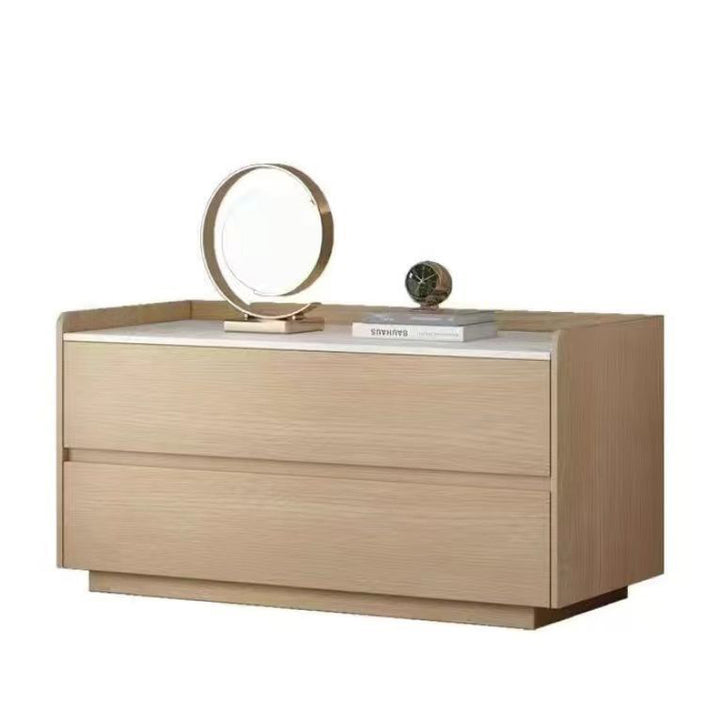 Modern Minimalist Slab Solid Wood &amp; Microfiber Leather Rectangular Nightstand With 2 Drawers For Bedroom