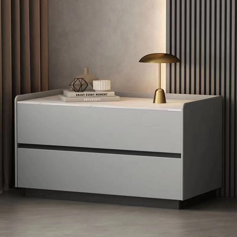 Modern Minimalist Slab Solid Wood &amp; Microfiber Leather Rectangular Nightstand With 2 Drawers For Bedroom