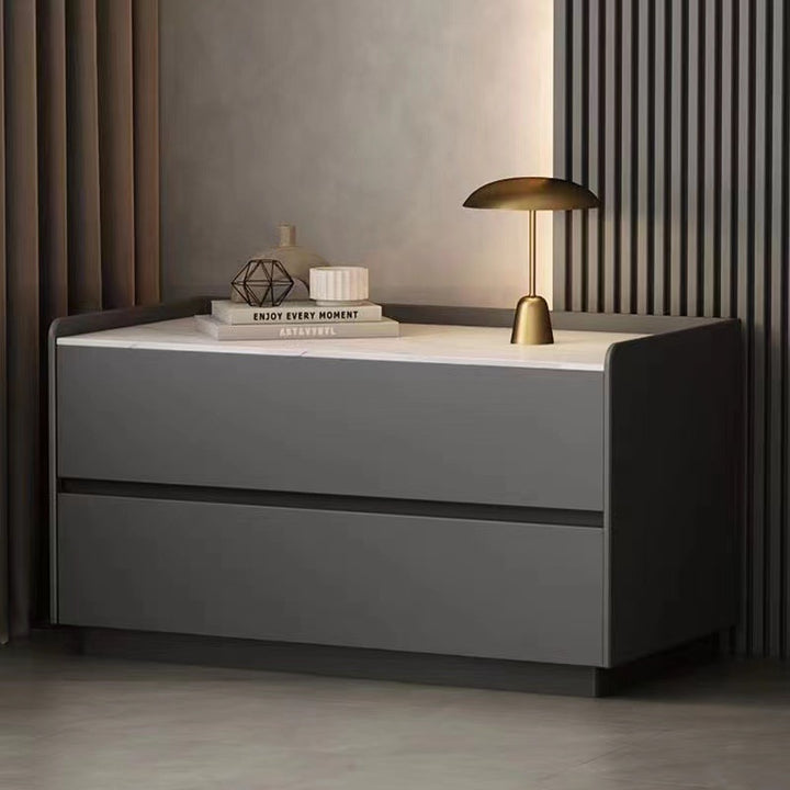 Modern Minimalist Slab Solid Wood &amp; Microfiber Leather Rectangular Nightstand With 2 Drawers For Bedroom
