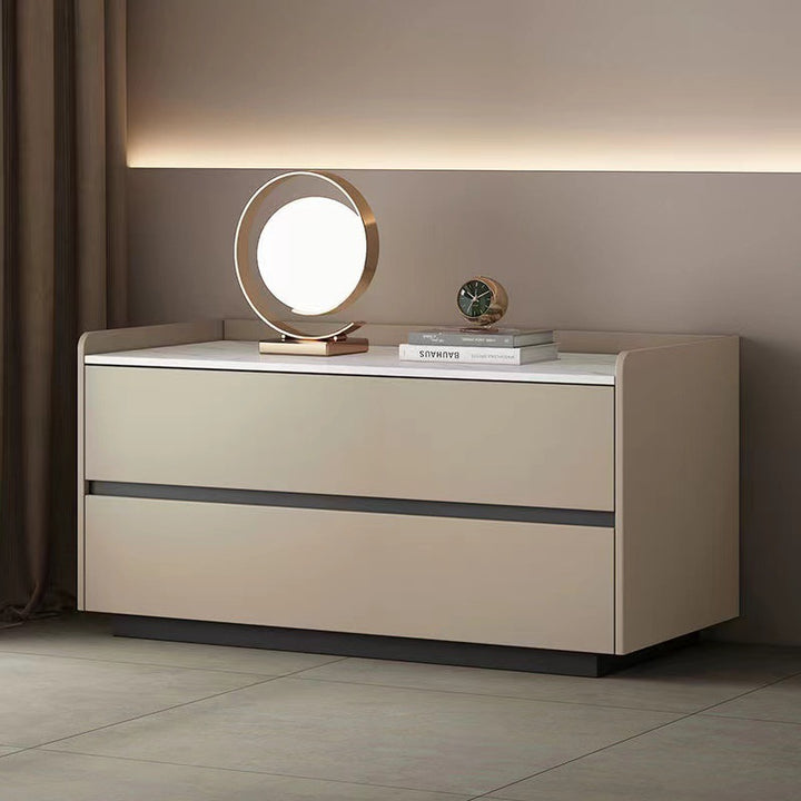 Modern Minimalist Slab Solid Wood &amp; Microfiber Leather Rectangular Nightstand With 2 Drawers For Bedroom