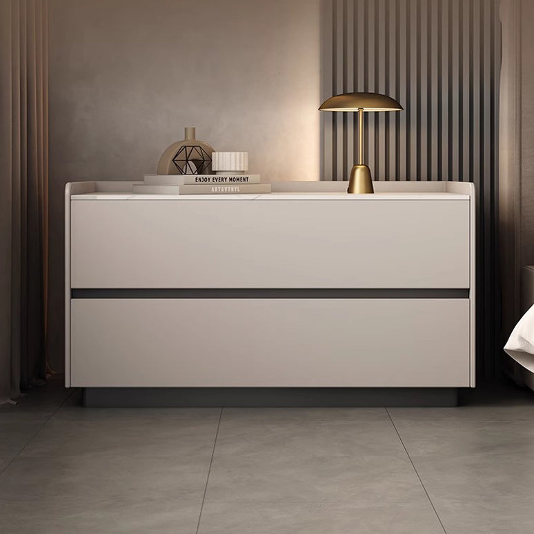 Modern Minimalist Slab Solid Wood &amp; Microfiber Leather Rectangular Nightstand With 2 Drawers For Bedroom