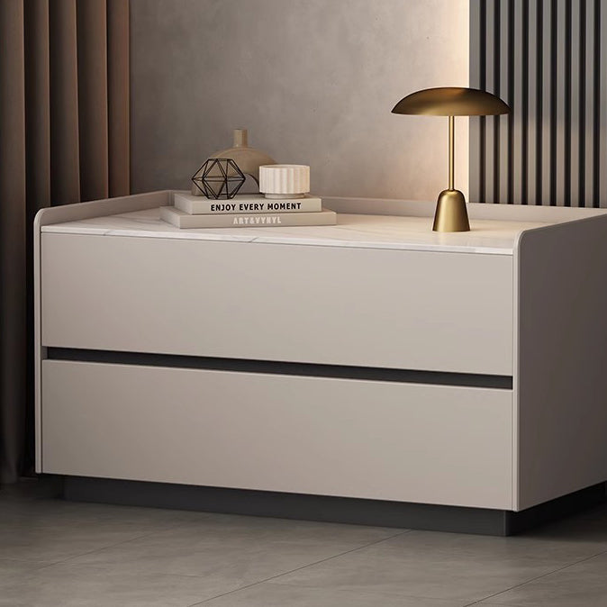 Modern Minimalist Slab Solid Wood &amp; Microfiber Leather Rectangular Nightstand With 2 Drawers For Bedroom