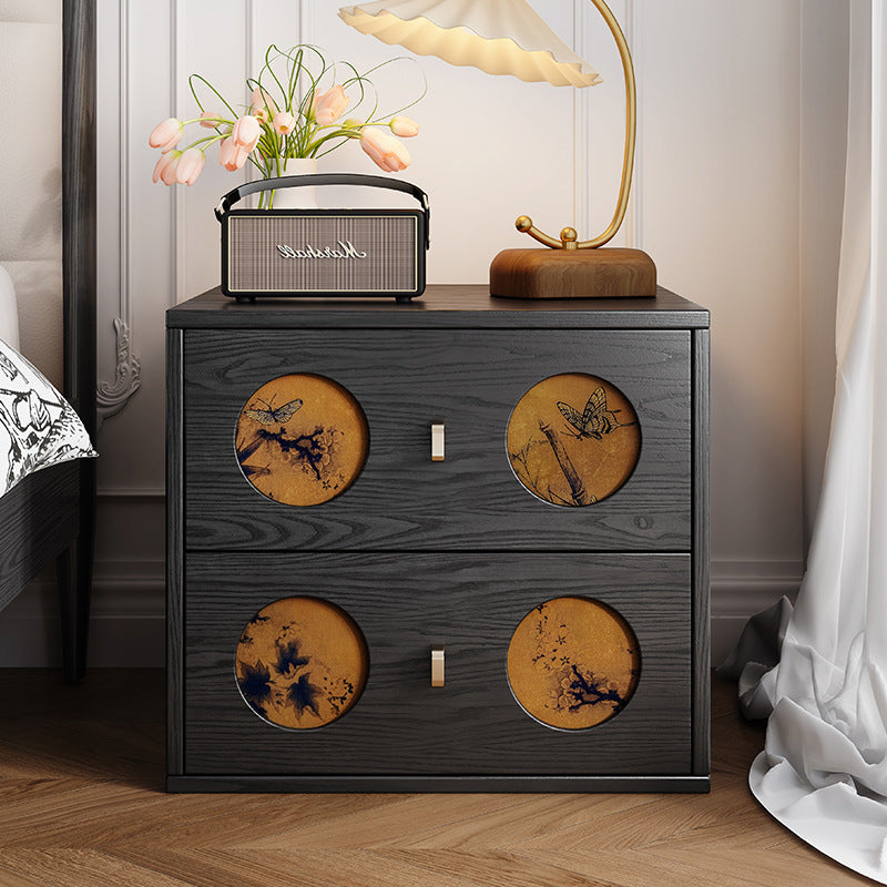 Mesita de noche rectangular de madera maciza tradicional china y seda Xiangyun con patrón de mariposa y 2 cajones para dormitorio o sala de estar 