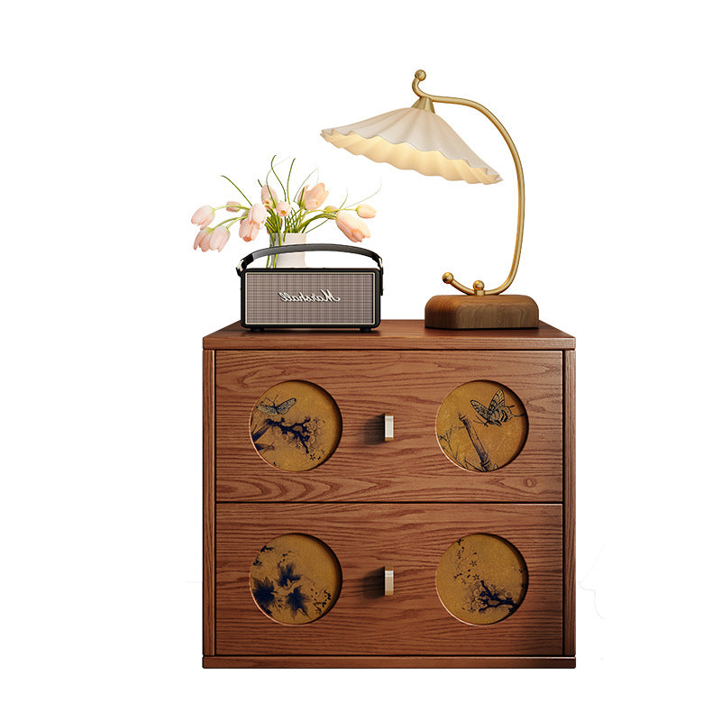 Mesita de noche rectangular de madera maciza tradicional china y seda Xiangyun con patrón de mariposa y 2 cajones para dormitorio o sala de estar 