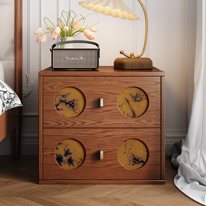 Mesita de noche rectangular de madera maciza tradicional china y seda Xiangyun con patrón de mariposa y 2 cajones para dormitorio o sala de estar 