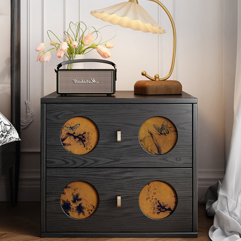 Mesita de noche rectangular de madera maciza tradicional china y seda Xiangyun con patrón de mariposa y 2 cajones para dormitorio o sala de estar 