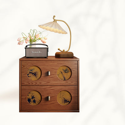 Mesita de noche rectangular de madera maciza tradicional china y seda Xiangyun con patrón de mariposa y 2 cajones para dormitorio o sala de estar 