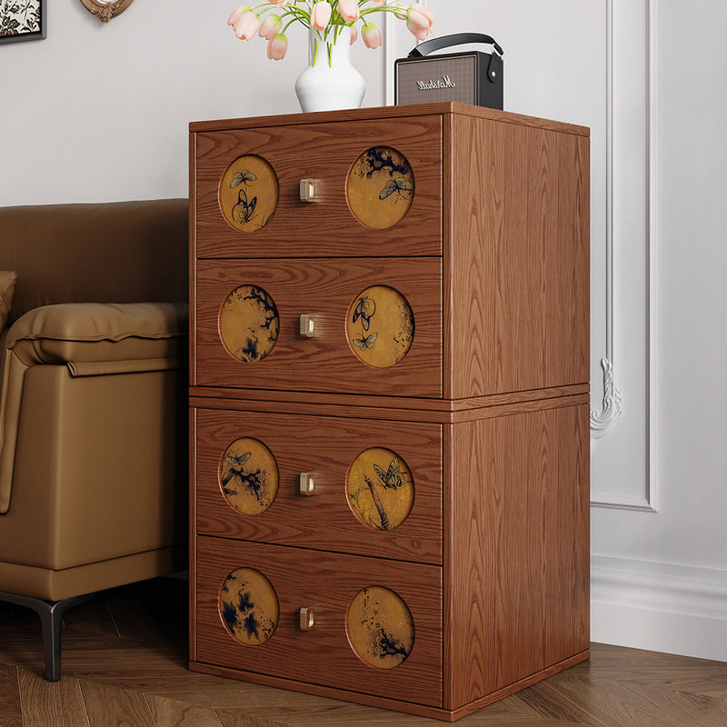 Mesita de noche rectangular de madera maciza tradicional china y seda Xiangyun con patrón de mariposa y 2 cajones para dormitorio o sala de estar 