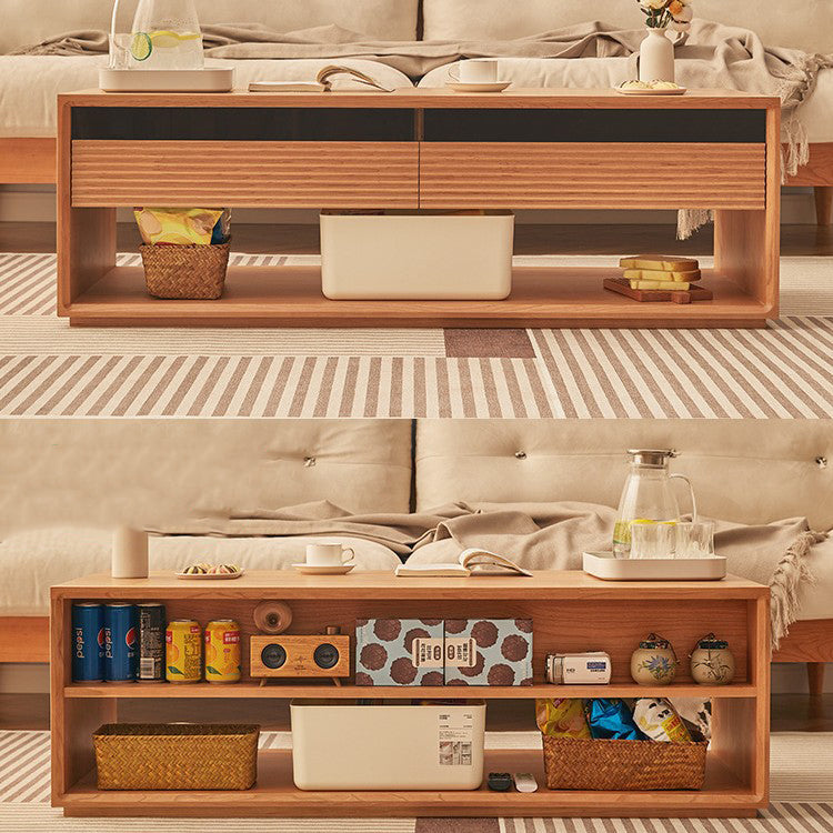 Contemporary Nordic Pine Wood Cherry Wood Fir Wood Plywood Glass Rectangular Coffee Table With 2-Drawers &amp; 2-Cabinets For Living Room