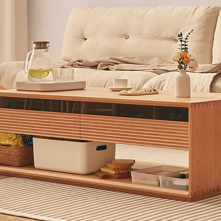 Contemporary Nordic Pine Wood Cherry Wood Fir Wood Plywood Glass Rectangular Coffee Table With 2-Drawers &amp; 2-Cabinets For Living Room