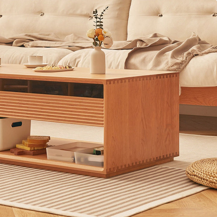Contemporary Nordic Pine Wood Cherry Wood Fir Wood Plywood Glass Rectangular Coffee Table With 2-Drawers &amp; 2-Cabinets For Living Room