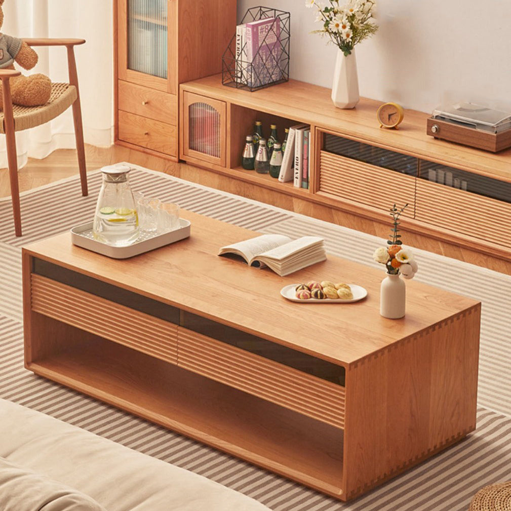 Contemporary Nordic Pine Wood Cherry Wood Fir Wood Plywood Glass Rectangular Coffee Table With 2-Drawers &amp; 2-Cabinets For Living Room
