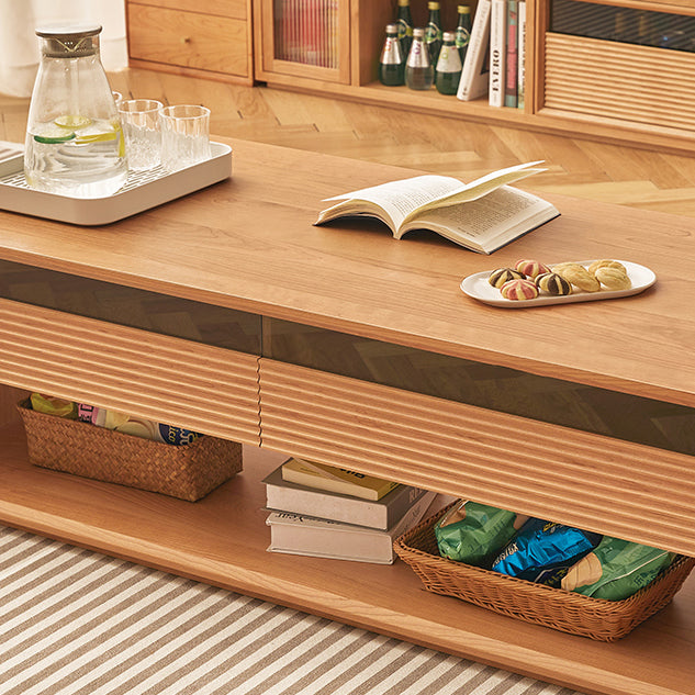 Contemporary Nordic Pine Wood Cherry Wood Fir Wood Plywood Glass Rectangular Coffee Table With 2-Drawers &amp; 2-Cabinets For Living Room