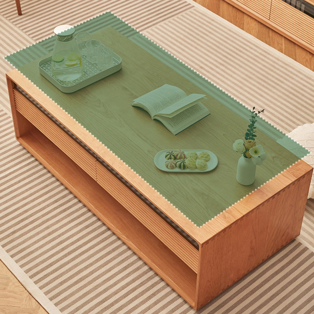 Contemporary Nordic Pine Wood Cherry Wood Fir Wood Plywood Glass Rectangular Coffee Table With 2-Drawers &amp; 2-Cabinets For Living Room