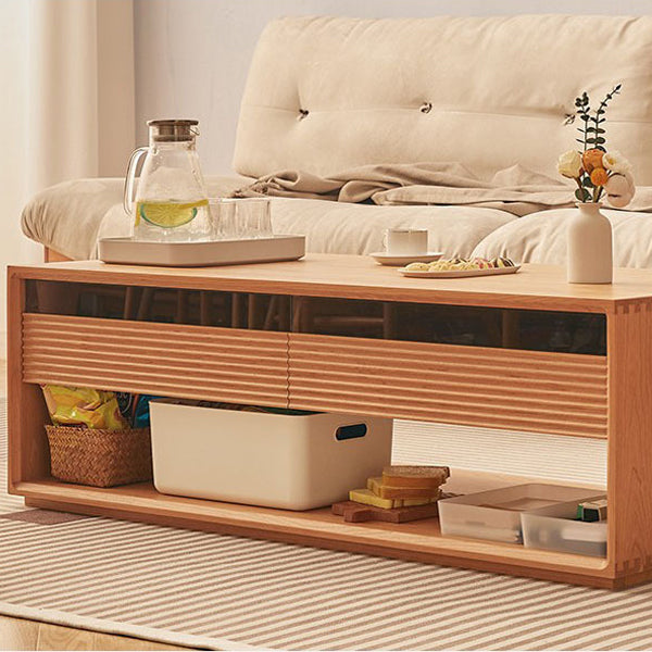 Contemporary Nordic Pine Wood Cherry Wood Fir Wood Plywood Glass Rectangular Coffee Table With 2-Drawers &amp; 2-Cabinets For Living Room