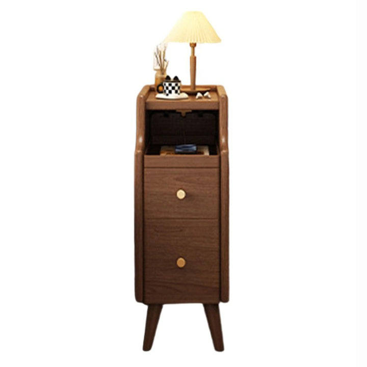 Moderna mesita de noche rectangular estrecha de madera de caucho nórdica contemporánea con 2 cajones y 1 armario para almacenamiento junto a la cama 