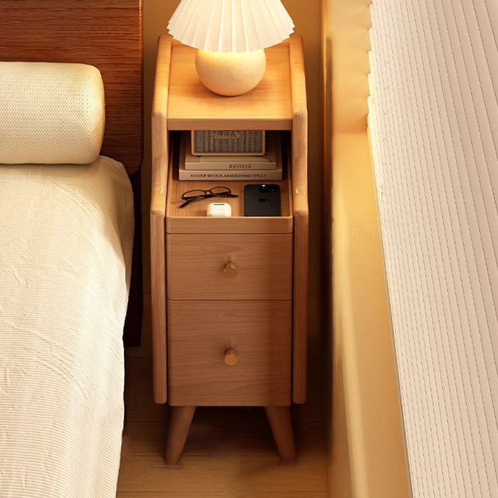 Moderna mesita de noche rectangular estrecha de madera de caucho nórdica contemporánea con 2 cajones y 1 armario para almacenamiento junto a la cama 