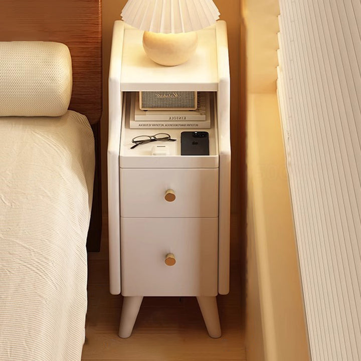 Moderna mesita de noche rectangular estrecha de madera de caucho nórdica contemporánea con 2 cajones y 1 armario para almacenamiento junto a la cama 
