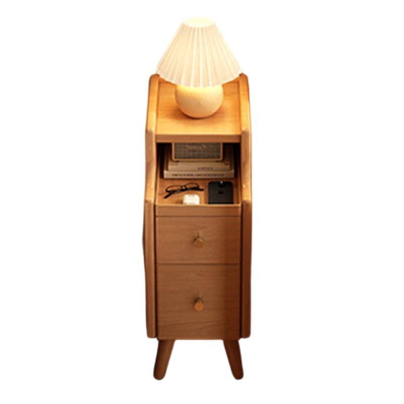 Moderna mesita de noche rectangular estrecha de madera de caucho nórdica contemporánea con 2 cajones y 1 armario para almacenamiento junto a la cama 