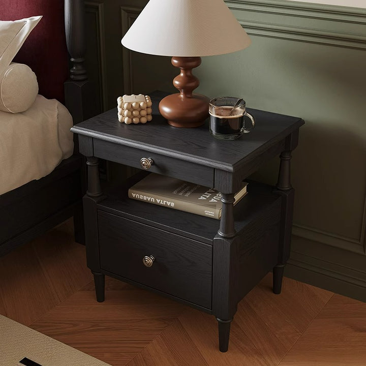Traditional French Ash Wood Plywood Rectangular Nightstand With 2 Drawers For Bedroom