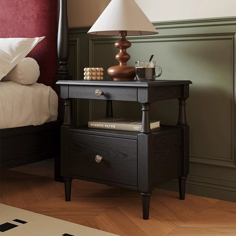 Traditional French Ash Wood Plywood Rectangular Nightstand With 2 Drawers For Bedroom