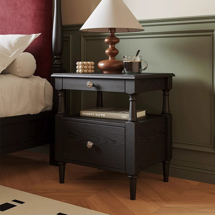 Traditional French Ash Wood Plywood Rectangular Nightstand With 2 Drawers For Bedroom
