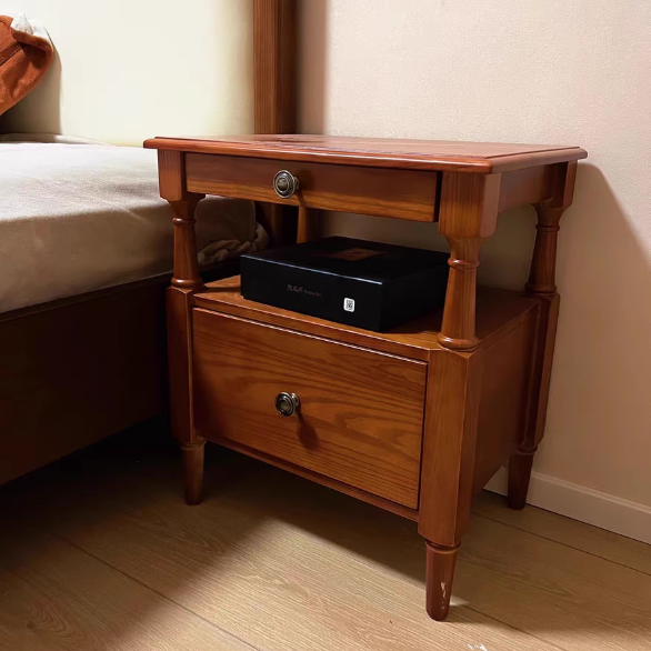 Traditional French Ash Wood Plywood Rectangular Nightstand With 2 Drawers For Bedroom