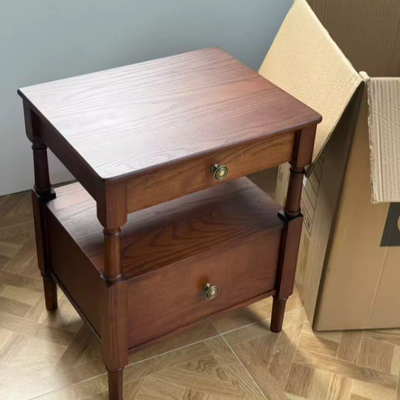Table de nuit rectangulaire traditionnelle en bois de frêne et pin avec 2 tiroirs pour chambre 