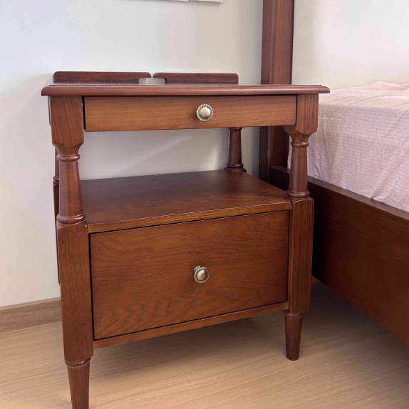 Traditional French Ash Wood Plywood Rectangular Nightstand With 2 Drawers For Bedroom