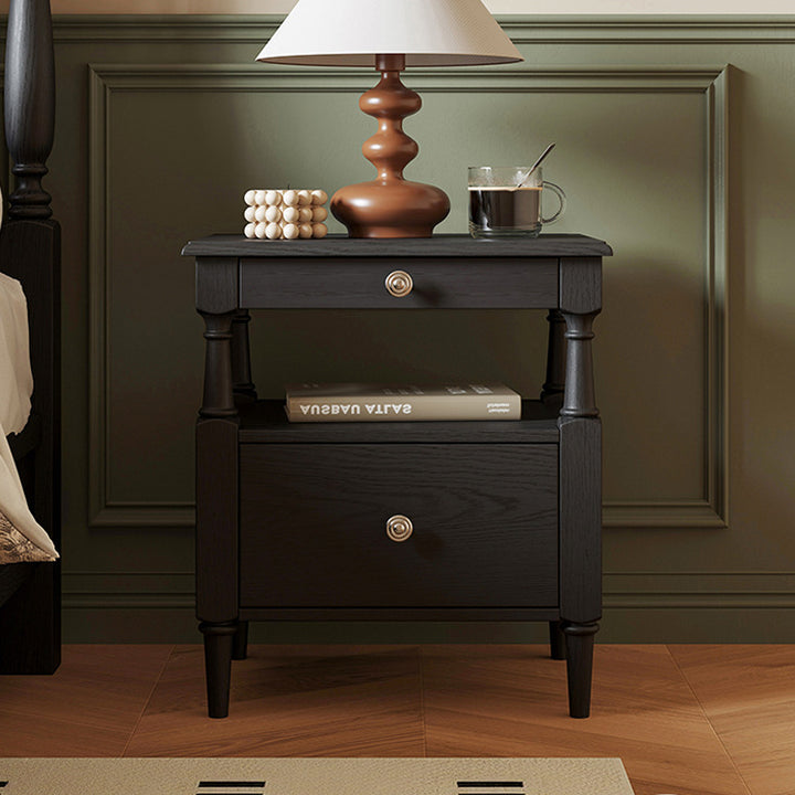 Traditional French Ash Wood Plywood Rectangular Nightstand With 2 Drawers For Bedroom