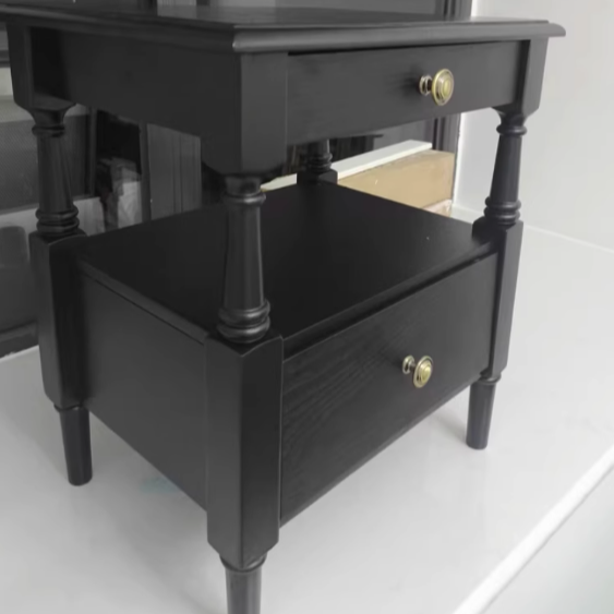 Traditional French Ash Wood Plywood Rectangular Nightstand With 2 Drawers For Bedroom