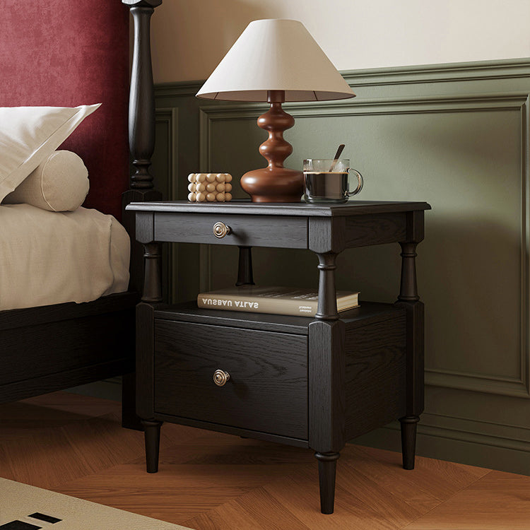 Traditional French Ash Wood Plywood Rectangular Nightstand With 2 Drawers For Bedroom