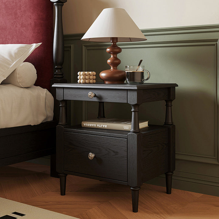 Traditional French Ash Wood Plywood Rectangular Nightstand With 2 Drawers For Bedroom