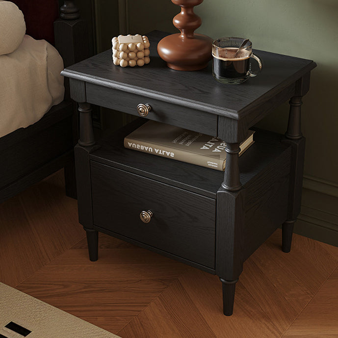 Traditional French Ash Wood Plywood Rectangular Nightstand With 2 Drawers For Bedroom