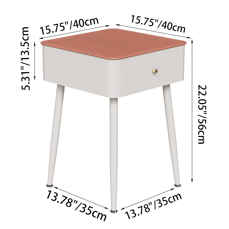 Contemporary Nordic Tempered Glass PP Carbon Steel Square Leather Texture Nightstand With 1 Drawer For Bedroom