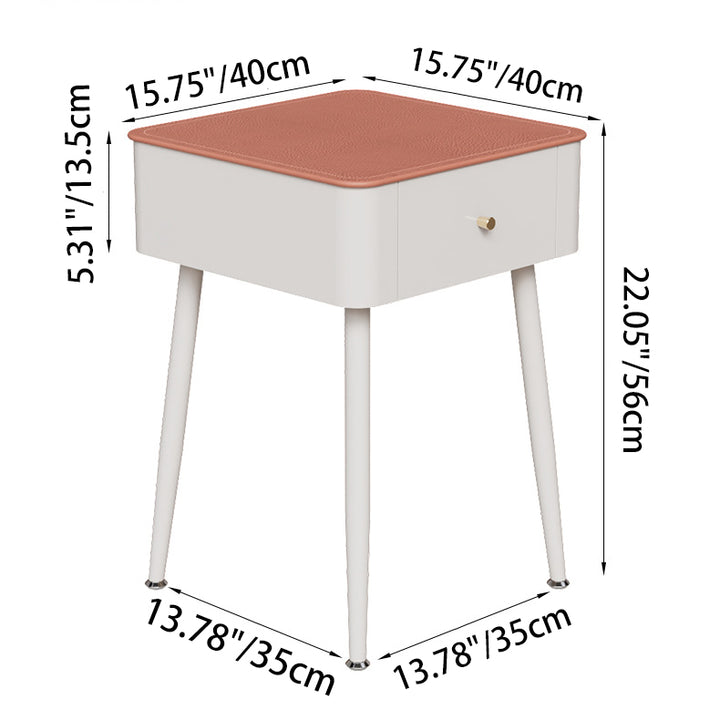 Contemporary Nordic Tempered Glass PP Carbon Steel Square Leather Texture Nightstand With 1 Drawer For Bedroom