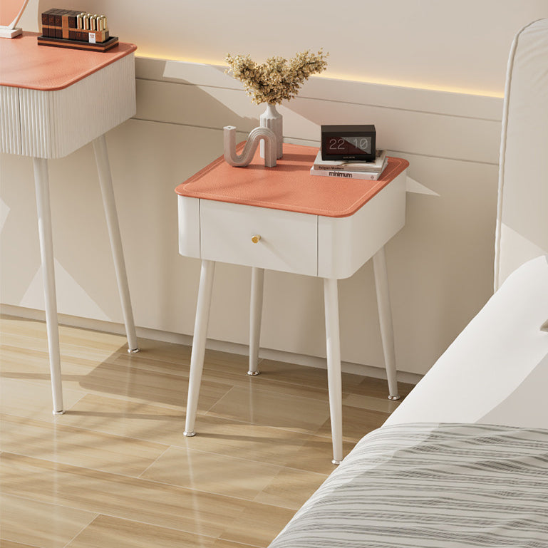 Contemporary Nordic Tempered Glass PP Carbon Steel Square Leather Texture Nightstand With 1 Drawer For Bedroom
