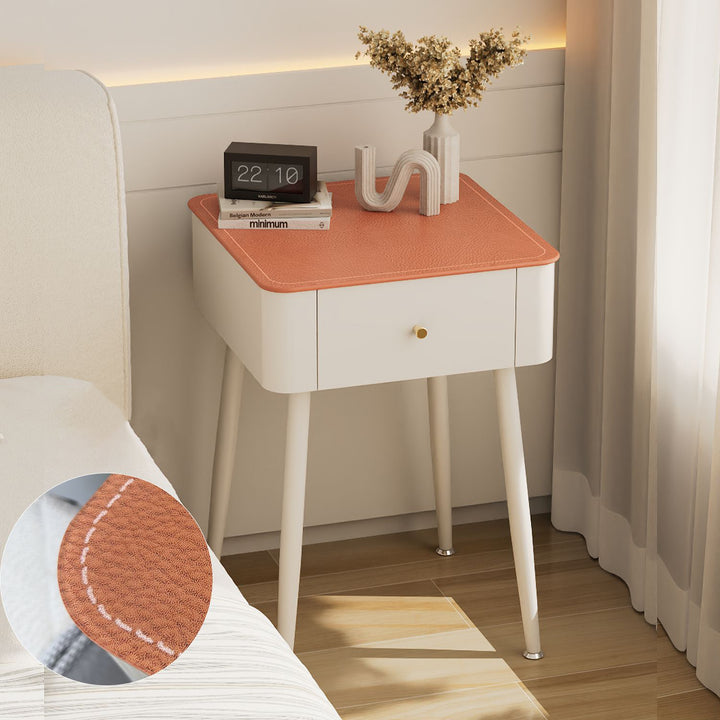 Contemporary Nordic Tempered Glass PP Carbon Steel Square Leather Texture Nightstand With 1 Drawer For Bedroom